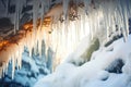 a clear icicle by a snowy forest cave