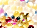 Clear marbles with a ladybug leaf Royalty Free Stock Photo