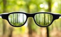 Clear nature in glasses on the background of blurred nature.Optometry, myopia,vision correction concept. Royalty Free Stock Photo