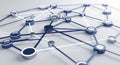 Network of interconnected blue and white nodes and lines on a light gray background connection Royalty Free Stock Photo