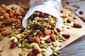 clear packet of nuts, seeds, and dried fruit for a healthy trail mix Royalty Free Stock Photo