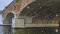 Clear Panorama Snowy view under the arched bridge of Oquirrh Lake