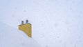 Clear Panorama Snowy yellow home viewed through falling snow