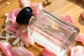 A clear perfume bottle lying on fresh rose petals for mock up