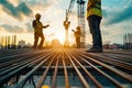 Construction SiteWorkers Overseeing Rebar Grid at Sunrise with Crane and Buildings Royalty Free Stock Photo