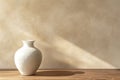 Clear Pixel Visual of White Ceramic Vase on Brown Wooden Table and Beige Wall Background Royalty Free Stock Photo