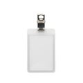 A clear plastic badge holder with a silver clip attachment on top isolated on transparent background Royalty Free Stock Photo