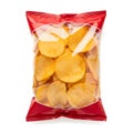 A clear plastic bag filled with golden yellow crispy potato chips ready for snacking Royalty Free Stock Photo