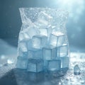 Clear plastic bag filled with ice cubes. Ice cubes transparent, wet, shiny. Ice cubes melting, dripping water on surface. Cold, Royalty Free Stock Photo