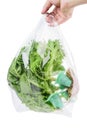 Clear plastic bags containing lettuce The farmer`s hand was carrying a bag of lettuce. Isolated on white background Royalty Free Stock Photo