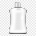 Clear plastic bottle with screw flip top cap filled with liquid on transparent background, realistic vector mockup. Liquid product