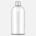 Clear plastic bottle with screw flip top cap filled with liquid on transparent background, realistic vector mockup. Liquid product
