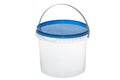 Clear plastic bucket with blue cover and handle on background. Isolated Royalty Free Stock Photo