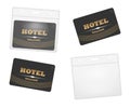 Clear plastic card holder with hotel RFID keycard, vector template. PVC transparent badge sleeve envelope with zip lock