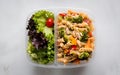 A clear plastic container divided into two sections, one holding a green salad with a cherry tomato, the other with pasta salad Royalty Free Stock Photo