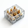 Clear plastic electrical terminal block with brass connectors. Unit allows safe wire junction and secure electrical connection Royalty Free Stock Photo
