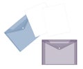 Clear plastic envelope cases with blank letter-sized paper sheets, vector template. Transparent file holders with snap buttons