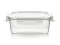 A clear plastic food storage container with a lid on a white background Royalty Free Stock Photo