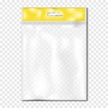 Clear plastic pouch with euro slot hanger on transparent background vector mock-up. Blank empty flat sachet packet mockup
