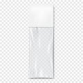 Clear plastic pouch with white paper top on transparent background vector mock-up. Blank empty flat rectangular packet mockup Royalty Free Stock Photo