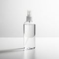 Clear plastic spray bottle on white surface. The bottle is cylindrical with a transparent Royalty Free Stock Photo
