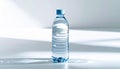 Clear plastic water bottle with blue cap on white surface with sunlight shadows Royalty Free Stock Photo