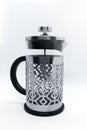 Clear Press Coffee Maker Isolated on White. French Press in Stainless Steel with Removable Borosilicate Glass Flask for Hot Cold