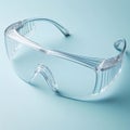 Clear protection Transparent polycarbonate safety glasses on pastel blue background