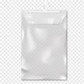 Clear PVC bag with snap button fastener and plastic hanging hook mock-up. Transparent vinyl pouch package mockup