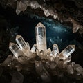 Clear quartz crystals (SiO2) illuminated sharply within a dark cavern setting. The