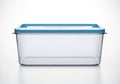 Clear rectangular plastic food storage container with blue lid isolated on white background Royalty Free Stock Photo