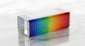 Clear rectangular prism with rainbow geometric pattern and blank label on marble surface Royalty Free Stock Photo