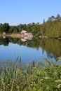 Clear Reflection of Old Mill and Treeline Above the Dam Royalty Free Stock Photo