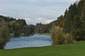 Clear river Reuss on border of cantons Zug and Aargau in autumn