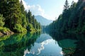 A clear river surrounded by forest, reflecting the sky Royalty Free Stock Photo