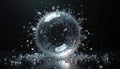 Clear round glass sphere shatters into many sharp glass pieces. Fragments explode outwards from center. Tiny crystal particles Royalty Free Stock Photo