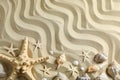 Clear sea sand with starfish and seashells, space for text and top view. Summer vacation Royalty Free Stock Photo