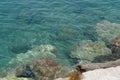 Clear sea water surface, stones and glare