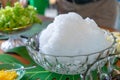 Clear Shave ice with out topping prepare for Thailand black jelly and syrup for dessert after lunch in the summer and hot weather