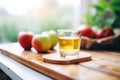 clear shot glass of apple cider vinegar on a wooden tray Royalty Free Stock Photo