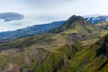 Clear sky over the valley of Thorsmork, southern Iceland. Bizzare volcanic landscape with glacier in the background. Laugavegur