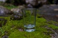 Clear small drinking glass in the middle of green nature landscape