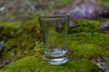 Clear small drinking glass in the middle of green nature landscape