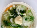 Clear Soup with Bean Curd , mix vegetable, Tofu and seaweed in white bowl on white background. Vegetarian Food, Healthy food, Thai Royalty Free Stock Photo