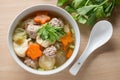 Clear Soup with Vegetables and Meatballs. Top view.