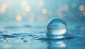 Clear sphere floating on rippling water surface. Small droplets scatter as sphere breaks through water. Soft bokeh lights in Royalty Free Stock Photo