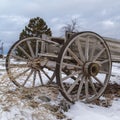 Clear Square An old wooden wagon on a rocky terrain covered with snow in winter