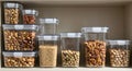 Clear Storage Containers with Assorted Nuts and Seeds in Kitchen Shelf Royalty Free Stock Photo