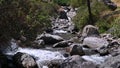 Clear stream running through stone rocks. Abundant river flowing on stone bottom. Wild mountain river water splashing in Royalty Free Stock Photo