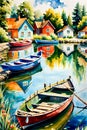 A clear summer day with small fishing boats, houses, a small city around the lake